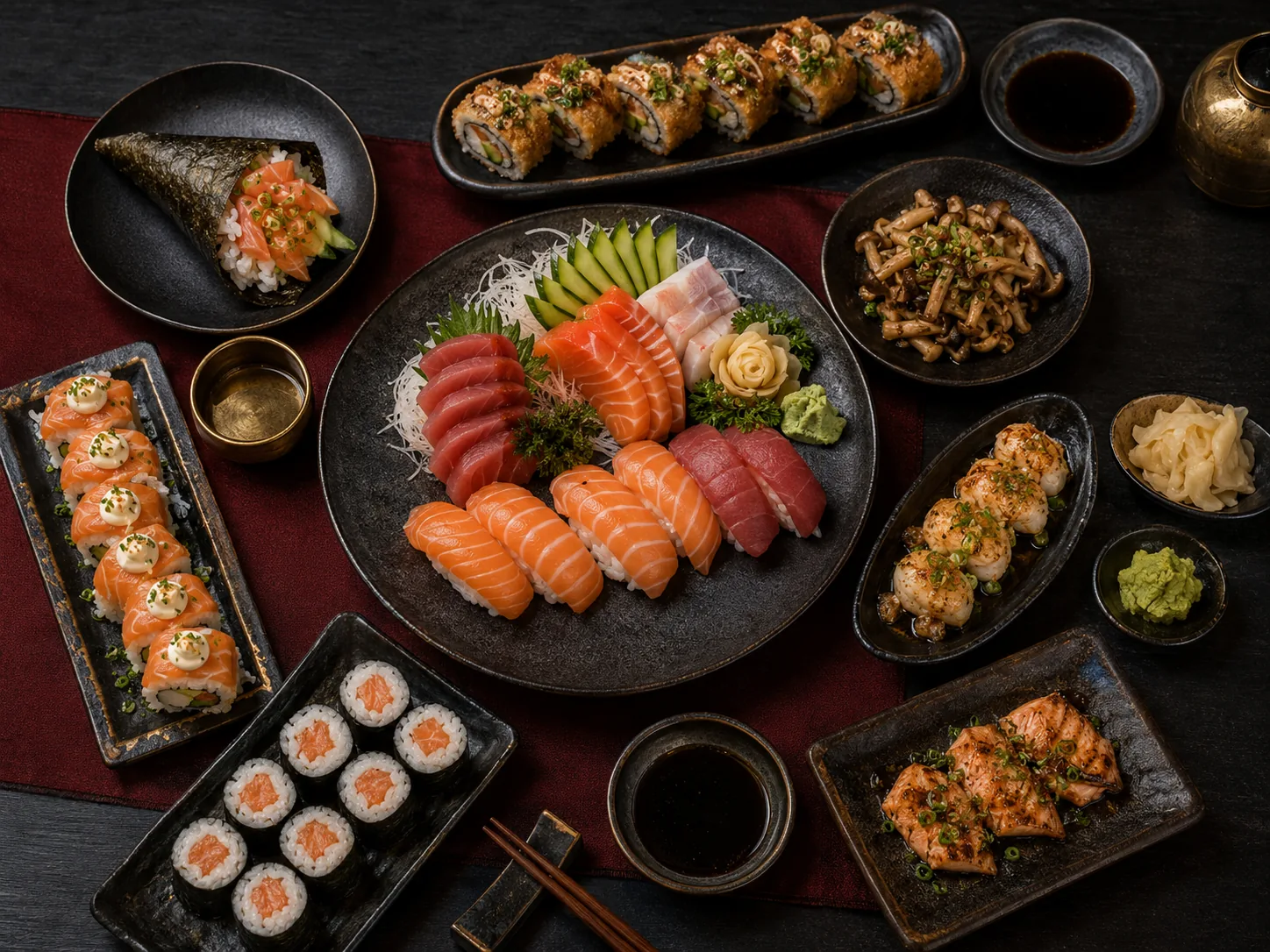 Seleção de sushi, sashimi, temaki e pratos quentes do rodízio